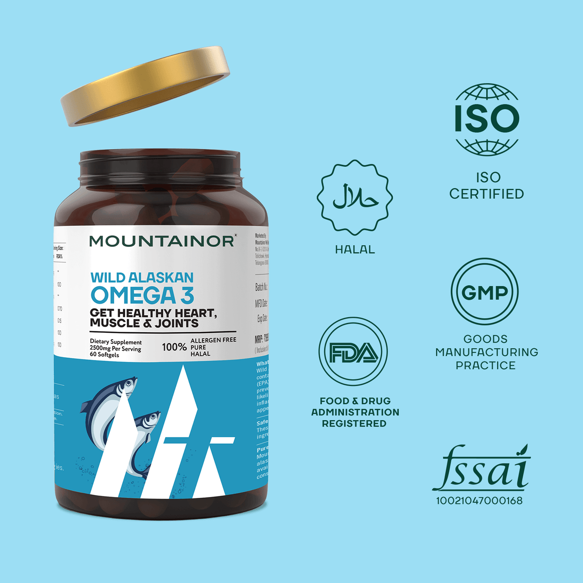 Premium Wild Alaskan Omega-3 Fish Oil - Heart & Bone Health Boost - 60 Ultra-Pure Soft Gels with Essential Fatty Acids - Mountainor