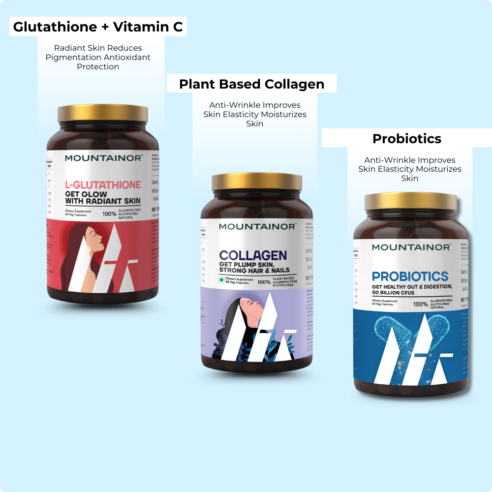 Glutathione + Collagen + Clear Biotics 60 caps each (Combo Pack) & Get FREE Gift (Sunscreen Stick + Anti Acne UV Gel + Under Eye Patch)