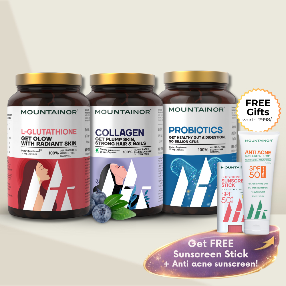 Glutathione + Collagen + Clear Biotics 60 caps each (Combo Pack) & Get FREE Gift (Sunscreen Stick + Anti Acne UV Gel + Under Eye Patch)